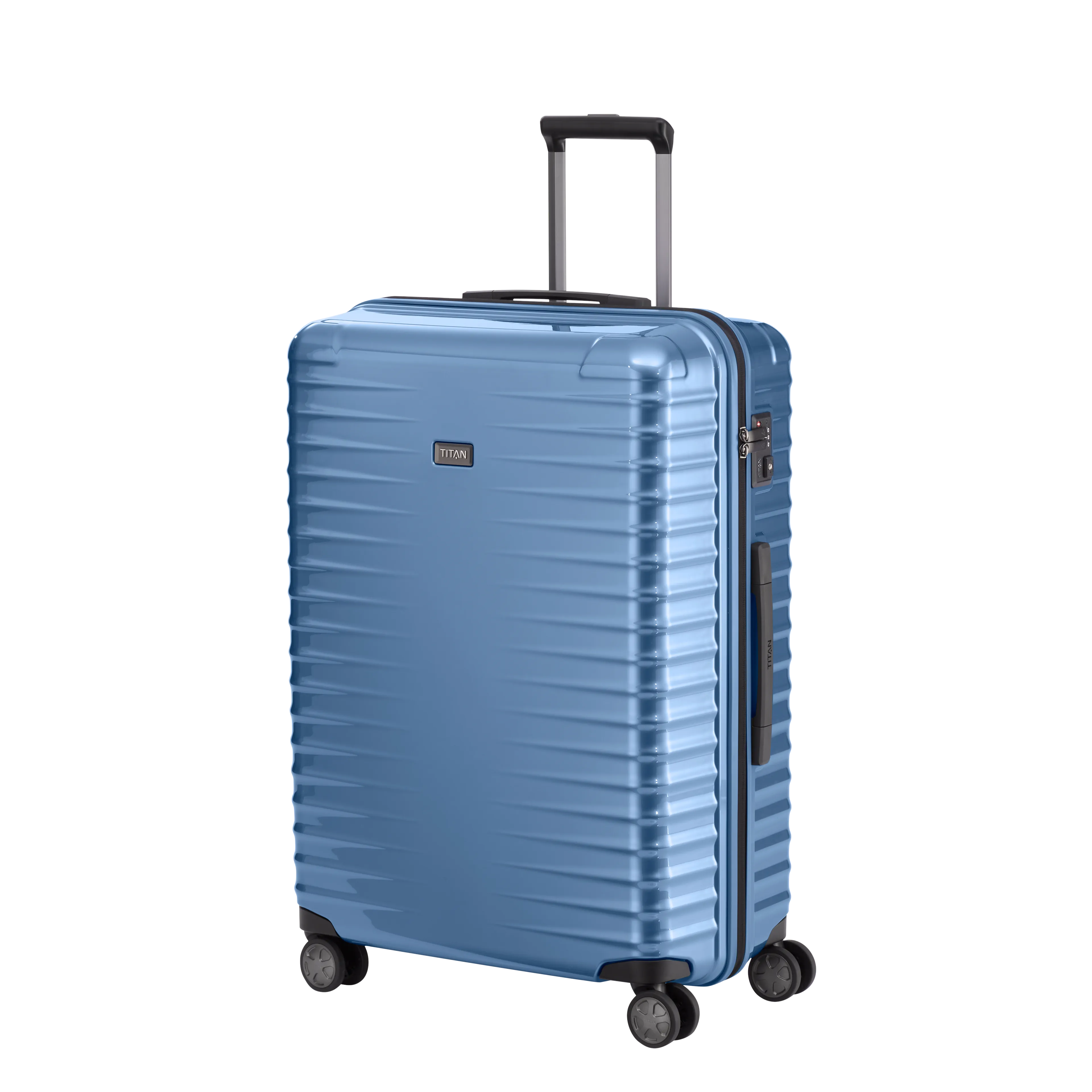 Ein TITAN Koffer der Serie LITRON Schrägansicht in eisblau