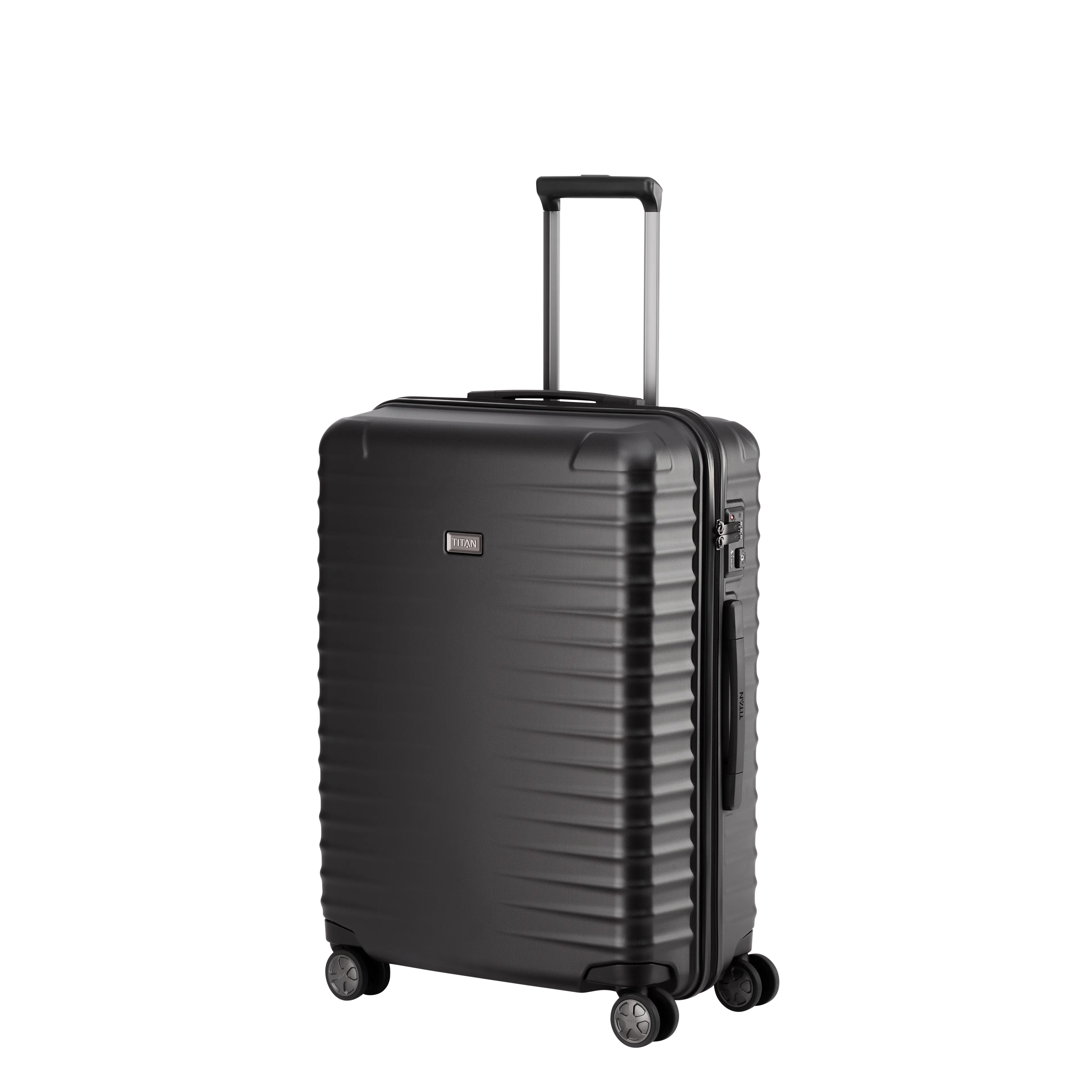 Ein TITAN Koffer der Serie LITRON Schrägansicht in schwarz Größe M 69cm