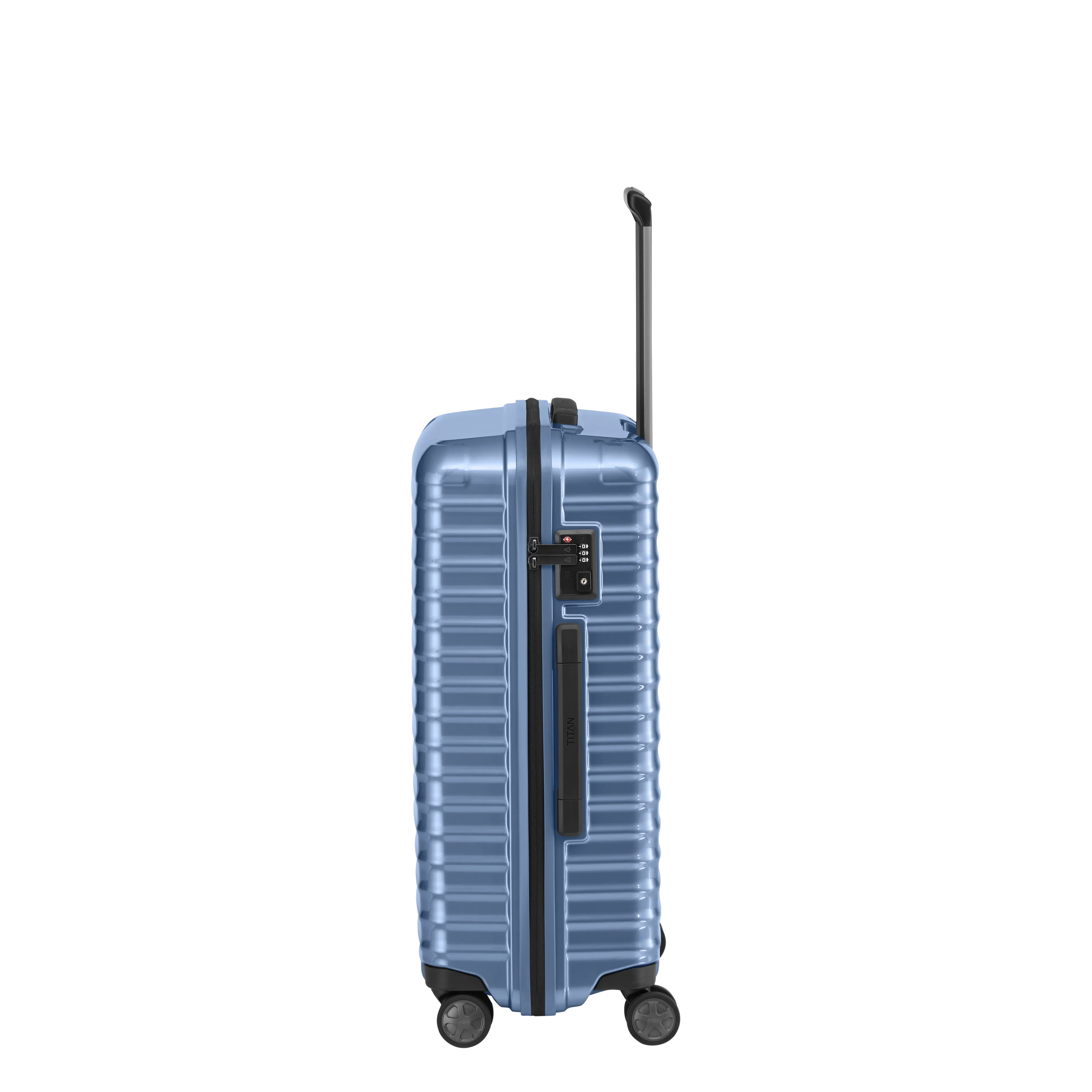 Ein TITAN Koffer der Serie LITRON Seitenansicht in eisblau Größe M 69cm