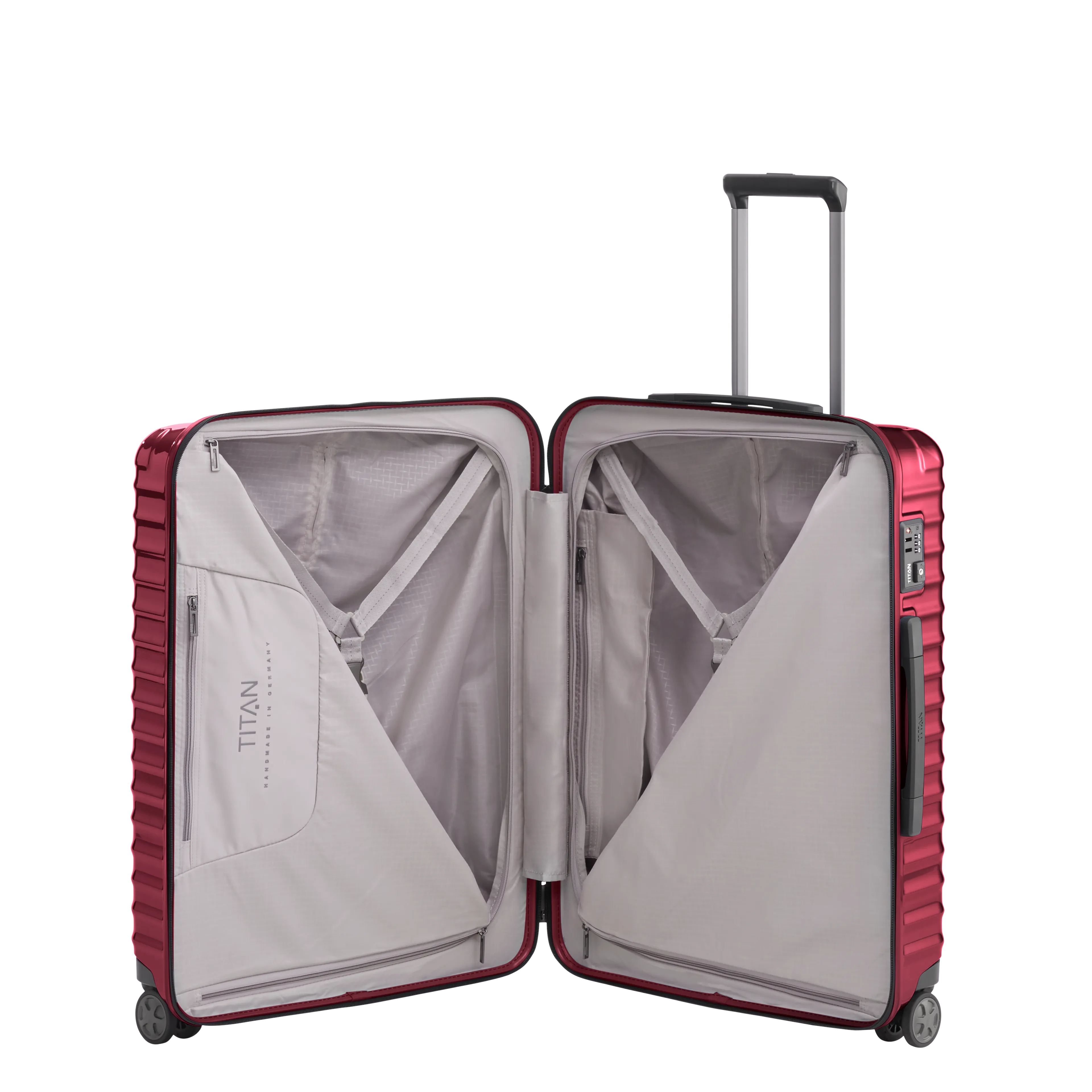 Ein TITAN Koffer der Serie LITRON Innenansicht in rot Größe M 69cm